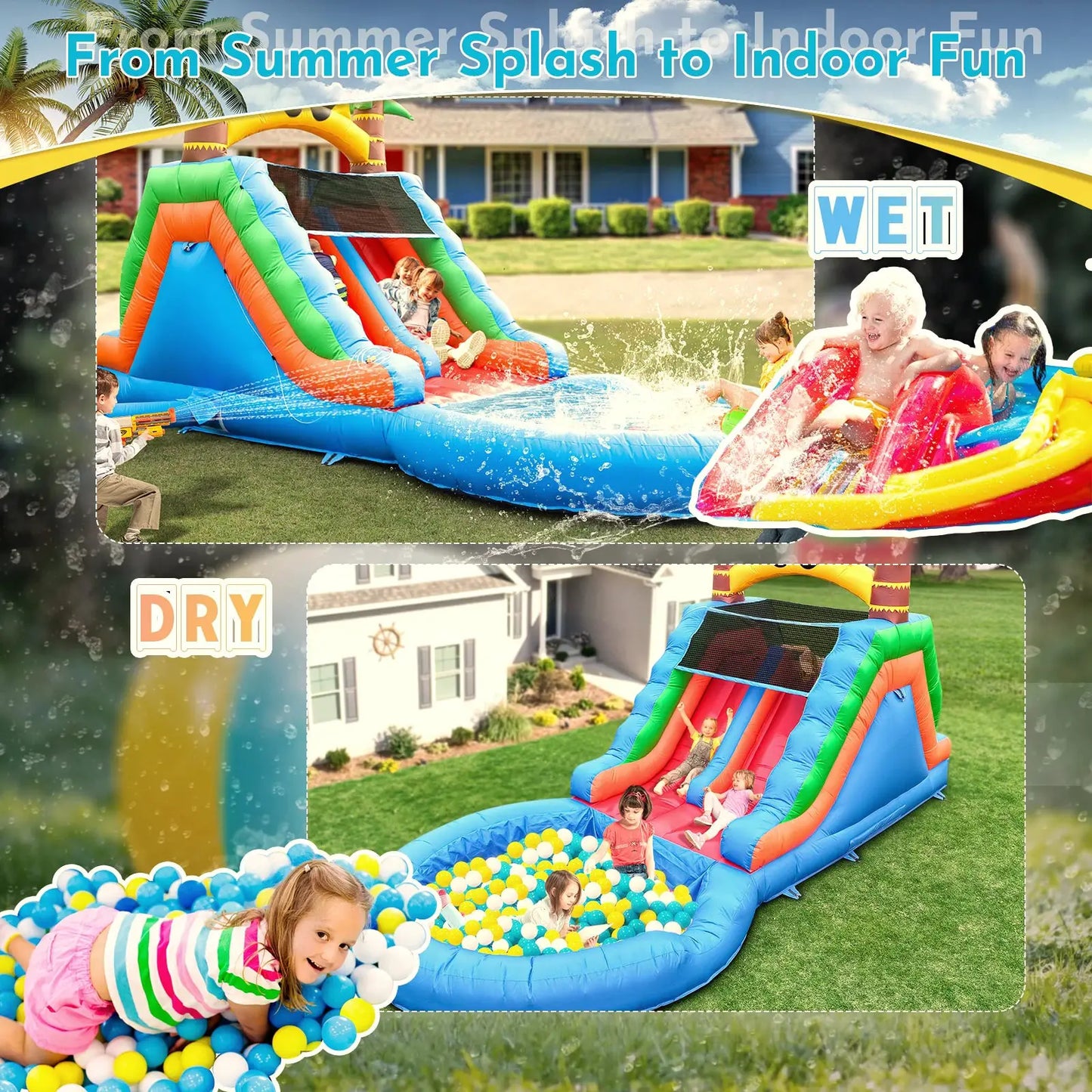 Inflatable water slide, Commercial Bounce House with Water Slide PVC and a 950W Air blower Children's playground bubble pool from PriceLows™