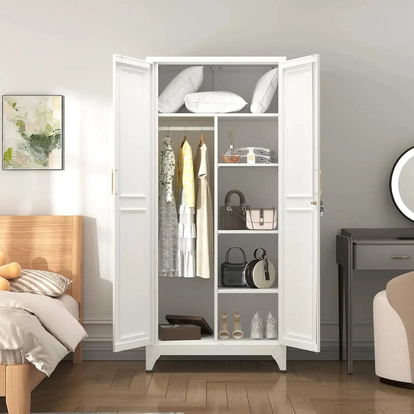 71" Metal Wardrobe Closet with Locking Doors, White Storage Cabinet with Hanging Rod & 3 Shelves for Home Office, Gym from PriceLows™