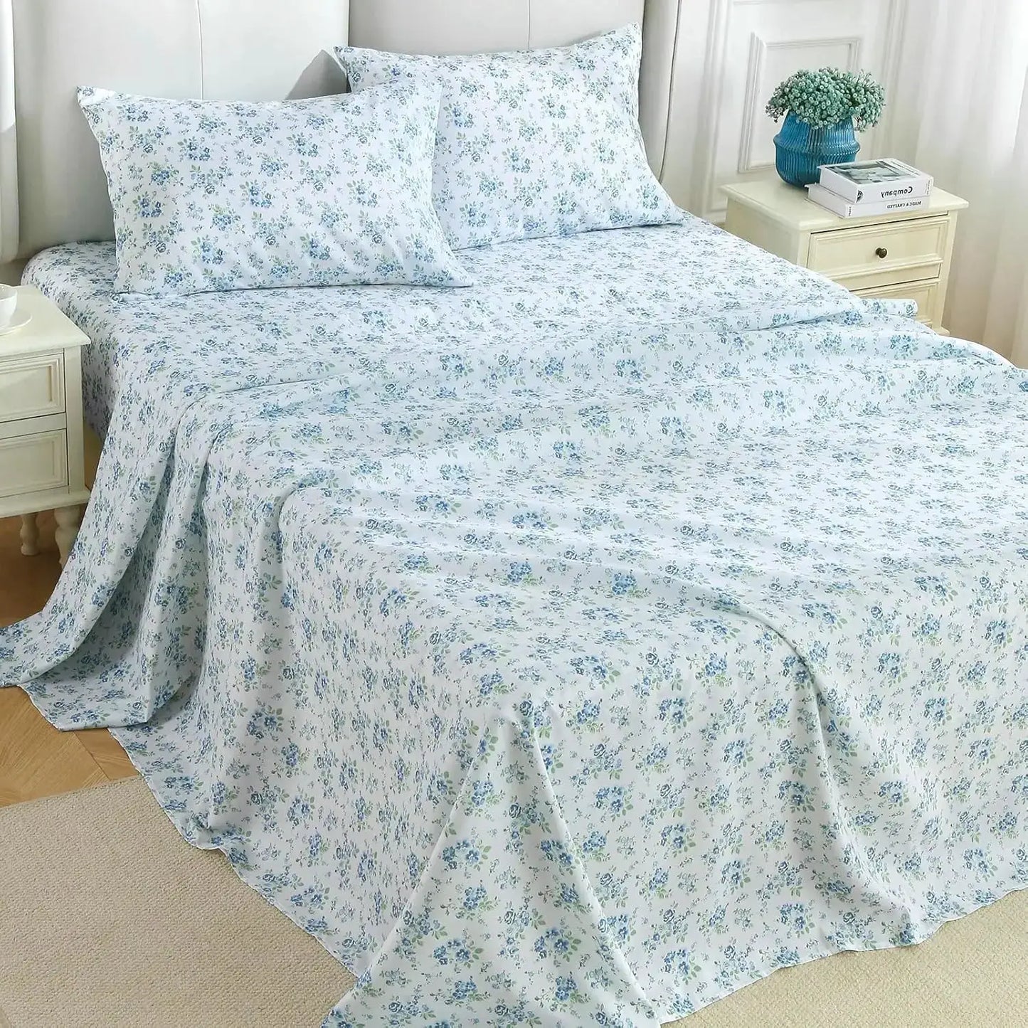 Queen Size 4-Piece Sheet Set, Soft Breathable Bedding with Deep Pocket Up to 16", Wrinkle-Free & Cooling - Blossoms Light Blue from PriceLows™