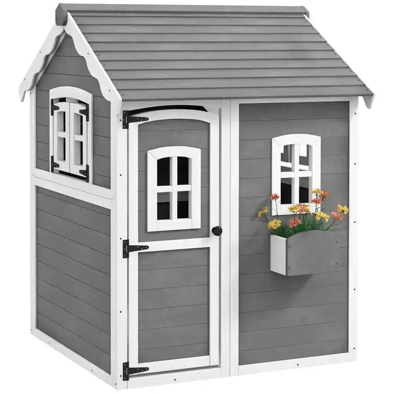 Outsunny Outdoor Wooden Playhouse for Kids with Floor, Door, Windows, Planter Box for 3-8 Years Old, Backyard, Lawn, Garden from PriceLows™