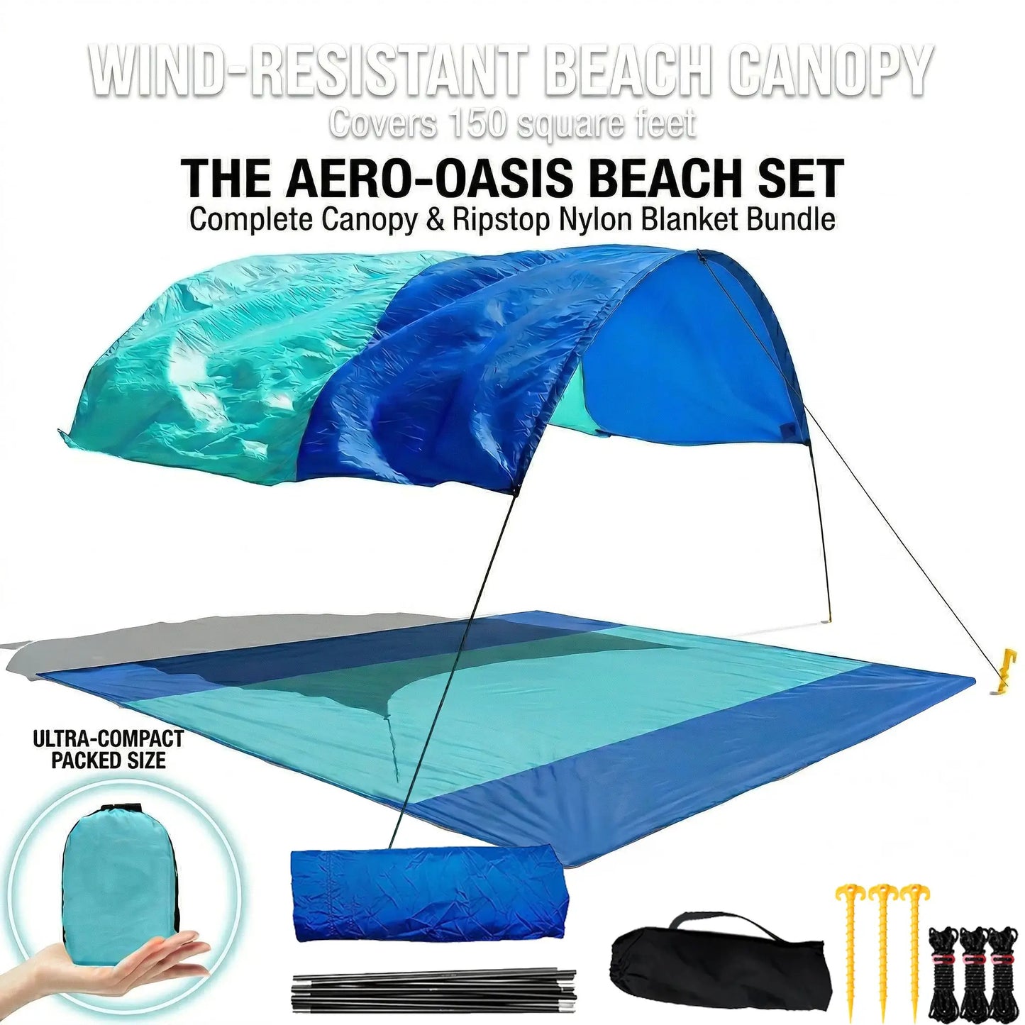 Wind-Resistant Beach Shade Tent 150 sq ft oversized canopy with sand anchors 4 lb ultralightweight UPF 50+ sun protection tent from PriceLows™