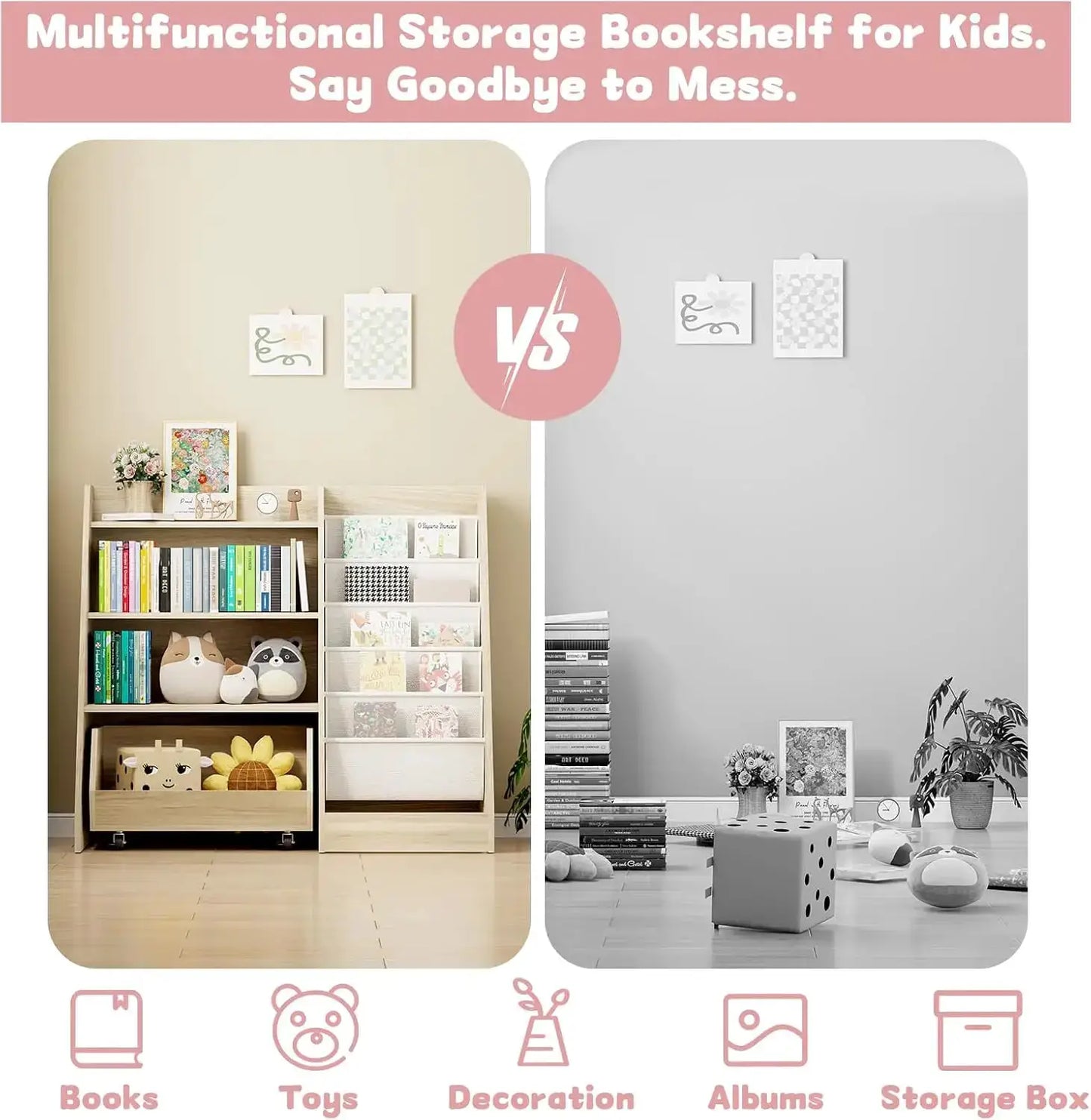 4-Tier Kids Bookshelf with Movable Drawer & 5 Pockets, Montessori Toy Storage for Playroom Nursery from PriceLows™