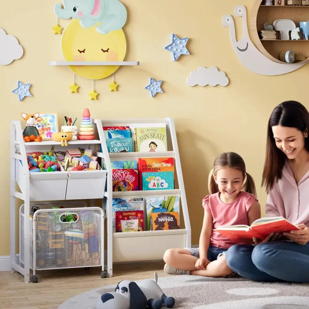 3-Tier Bookshelf with Toy Storage Bins and Drawer, White from PriceLows™