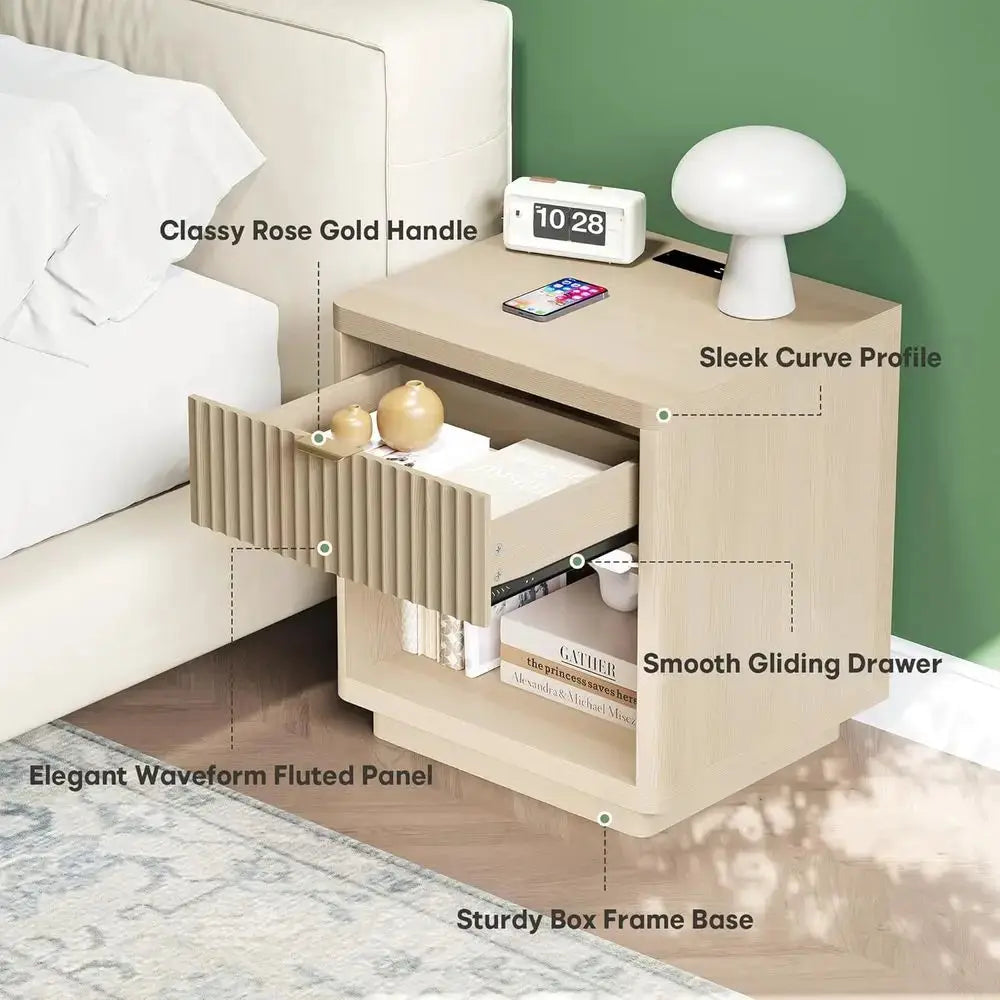 Pair of LED-lit Nightstands with Charging Station, 22 Wide Light Wood Nightstands from PriceLows™
