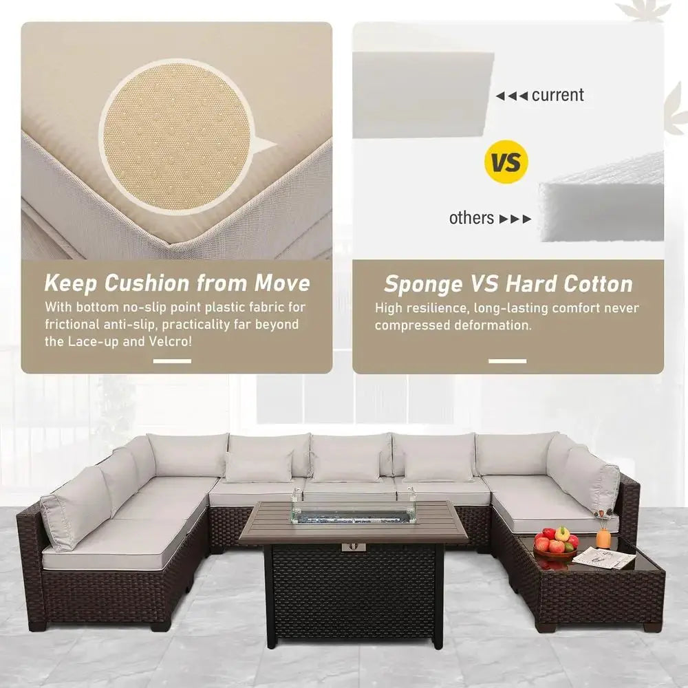 10-Piece Outdoor Wicker Sectional Patio Furniture Set with Cushions and Fire Pit Table, Beige from PriceLows™