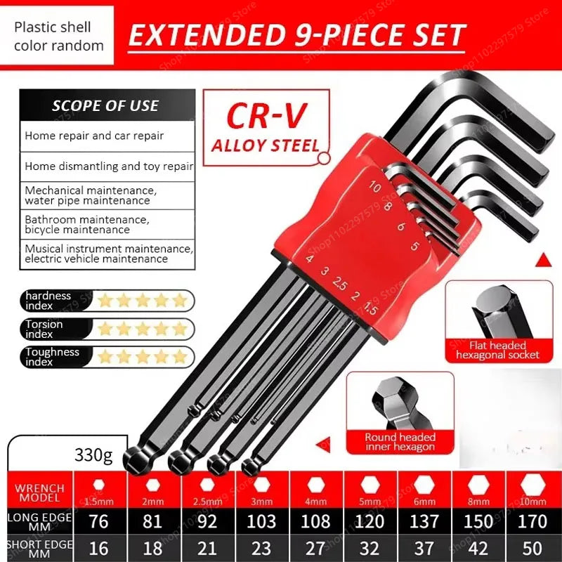 Universal Torque Length Metric Double Head Allen Wrench Set with Socket for Motorcycle Bikes Home Assembly and Disassembly Tools from PriceLows™