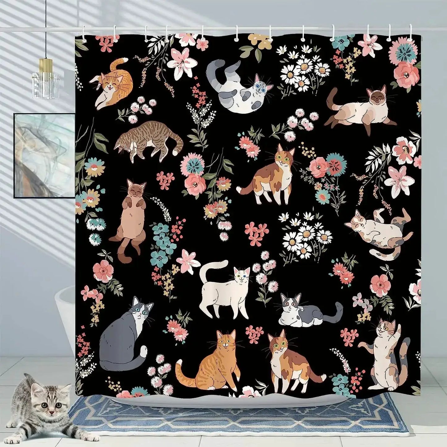 Funny Cats Shower Curtains Cute Animal Floral Bath Curtain Modern Waterproof Polyester Cloth Home Bathroom Decoration With Hooks from PriceLows™