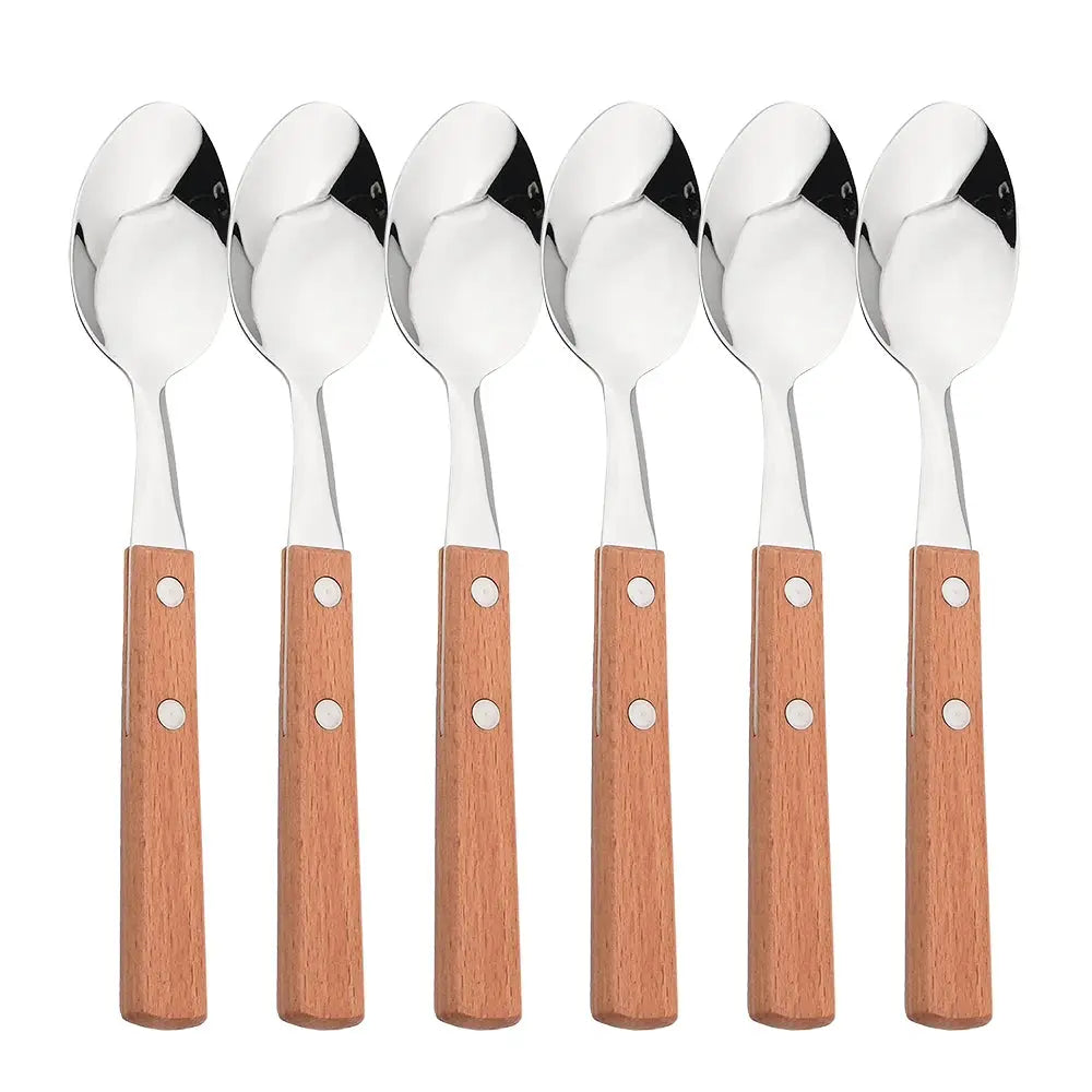 Knife Fork Teaspoon with Wooden Handle 304 Stainless Steel Cutlery Set 6/24Pcs Tableware Mirror Dinnerware Home Flatware Kitchen from PriceLows™
