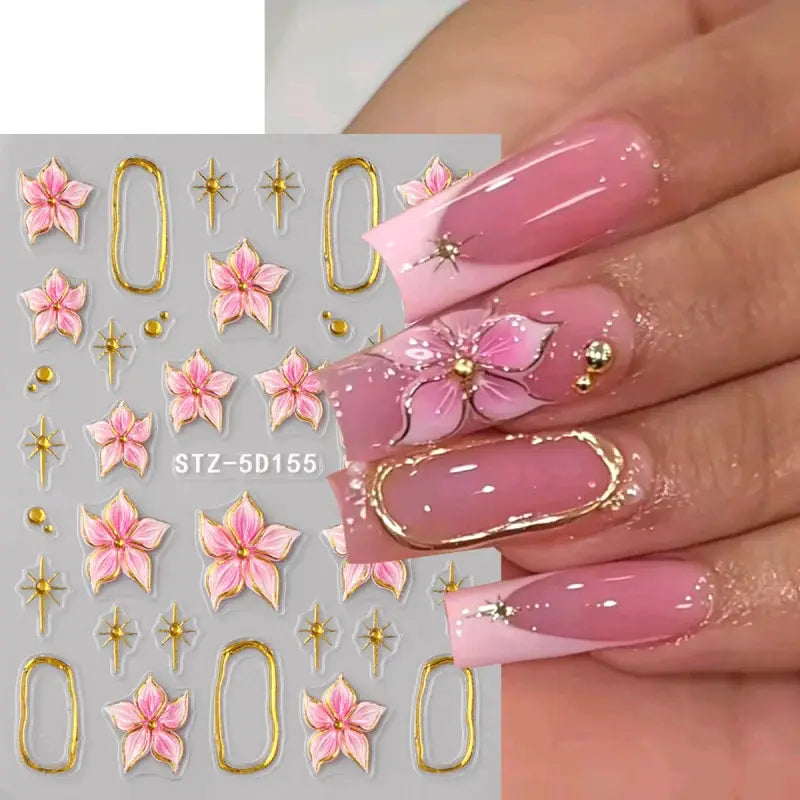 5D Floral Embossed Nail Stickers Bronzing Hibiscus Flower Petals Star Frame Elegant Nail Art Decals for Spring Summer Decor from PriceLows™