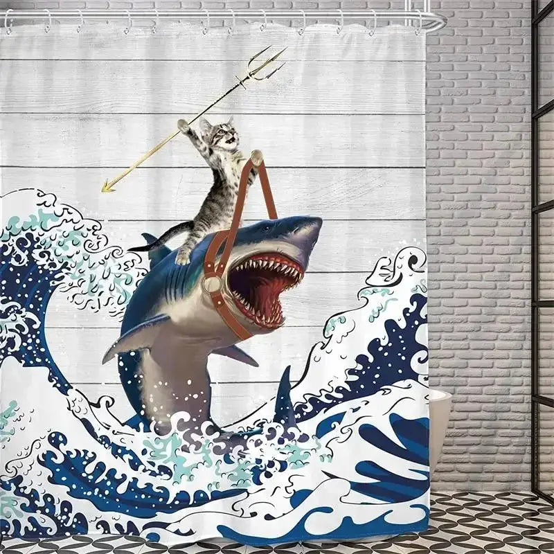 Funny Cat Riding Dinosaur Shower Curtains Cute Animal Sea Waves Surfboard Creative Kids Bath Curtain Set Fabric Bathroom Decor from PriceLows™