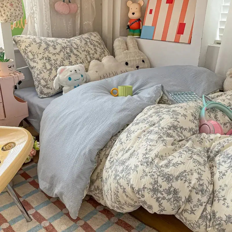 Cartoon color plaid bed sheet four-piece set student cute soft quilt cover dormitory three-piece set from PriceLows™