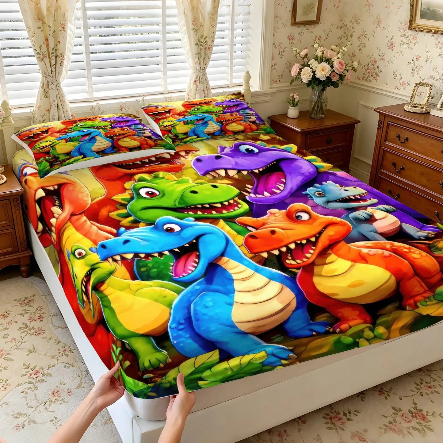 Vibrant Jungle Dinosaur Fitted Sheet Set, Skin-Friendly Fabric Bed Sheet, Deep Pocket Design for Twin/Full/Queen Size Beds from PriceLows™