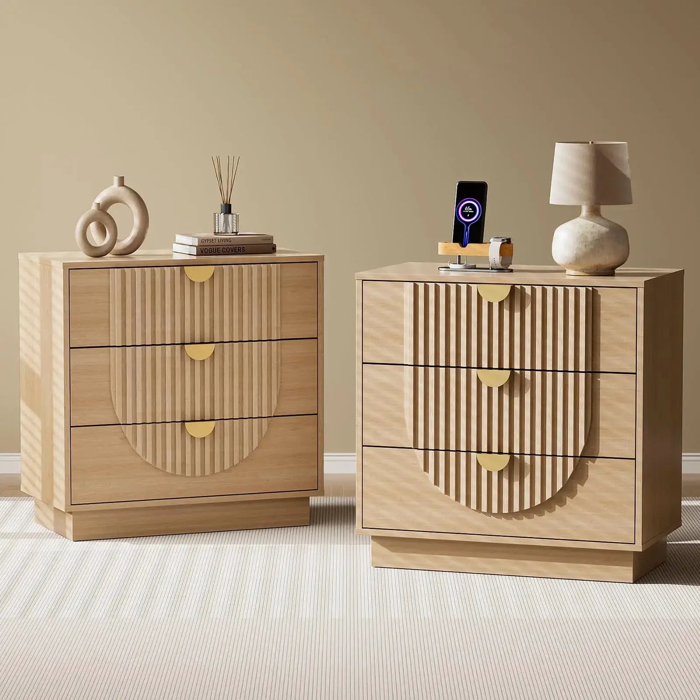 3 Drawer Nightstand with Charging Station, 28" Fluted Night Stand & Modern Bedside Table, Wood End Table Storage Cabinet from PriceLows™