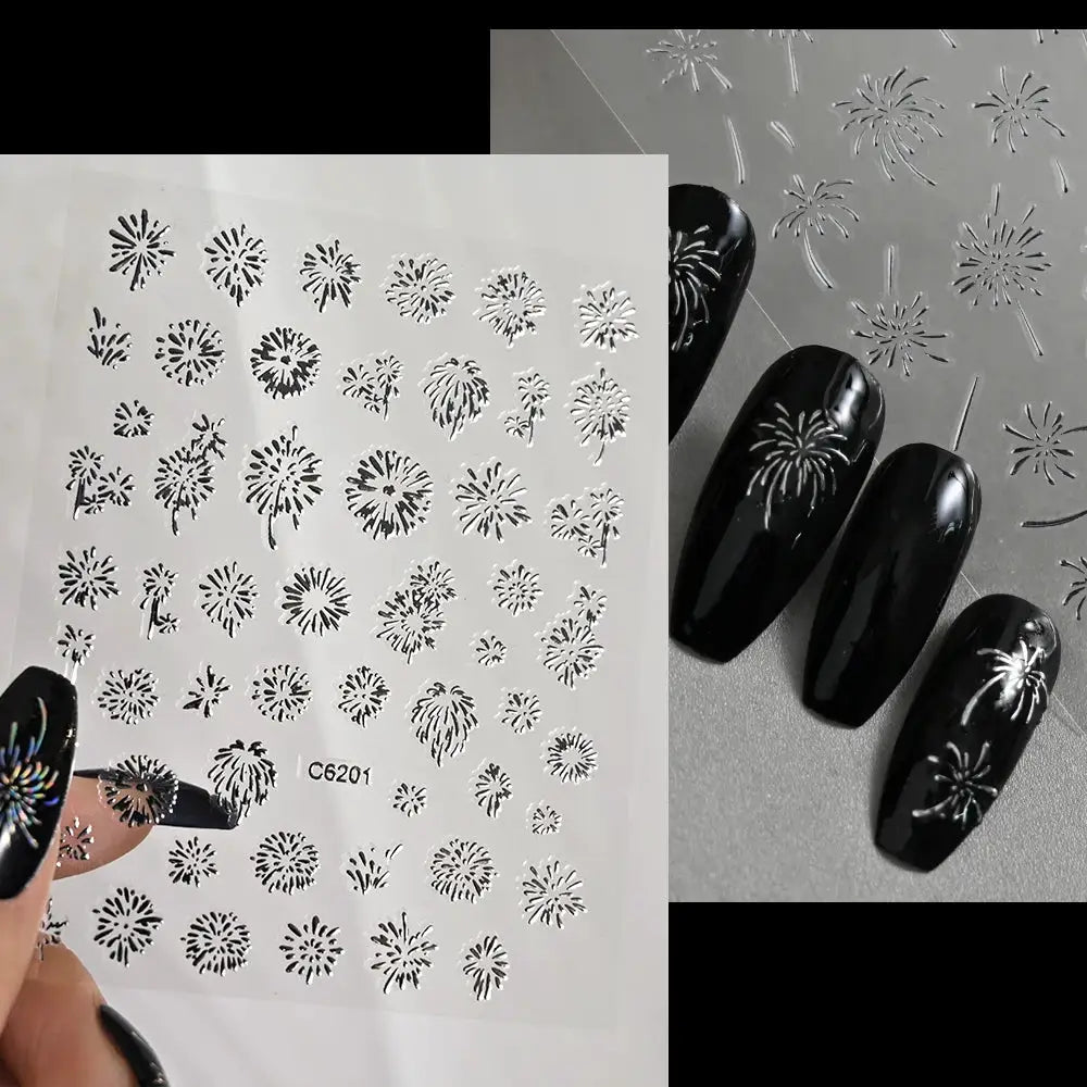 1PC Laser Fire work Nail Stickers 3D Self-Adhesive Blooming Fire-work Nail Decals New Year Firework Design Nail Slider 10*8cm from PriceLows™