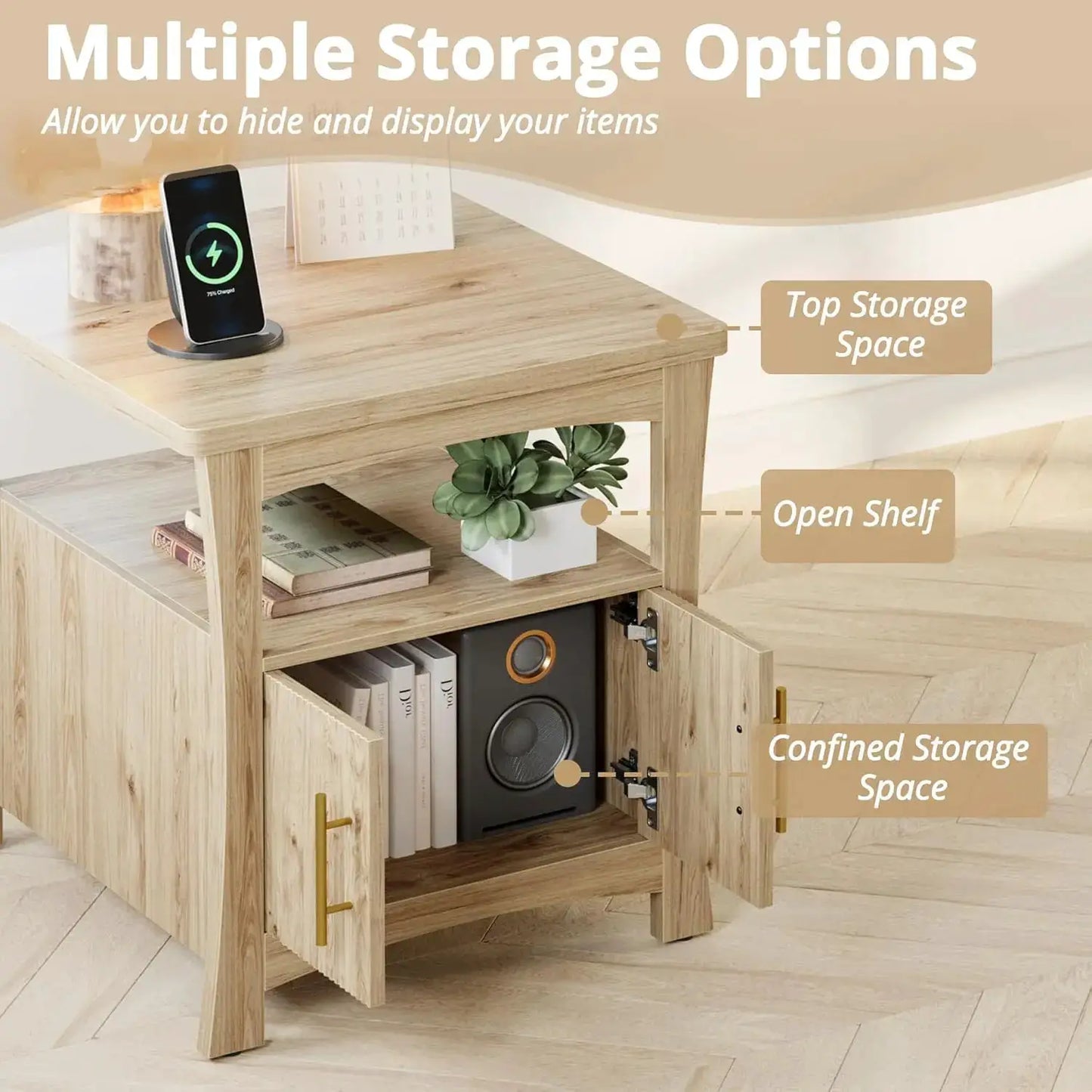 Nightstand with Charging Station, Wood Night Stand, 23.6inch Large Bedside Table with Storage, End Table for Bedroom, Oak from PriceLows™