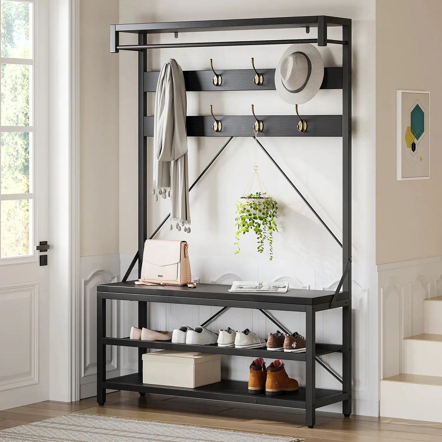 72Inch Tall Coat Rack 5-in-1 Shoe Rack Shoe Bench with Storage shelves 8 Hooks Industrial Accent Furniture Hallway Organizer from PriceLows™