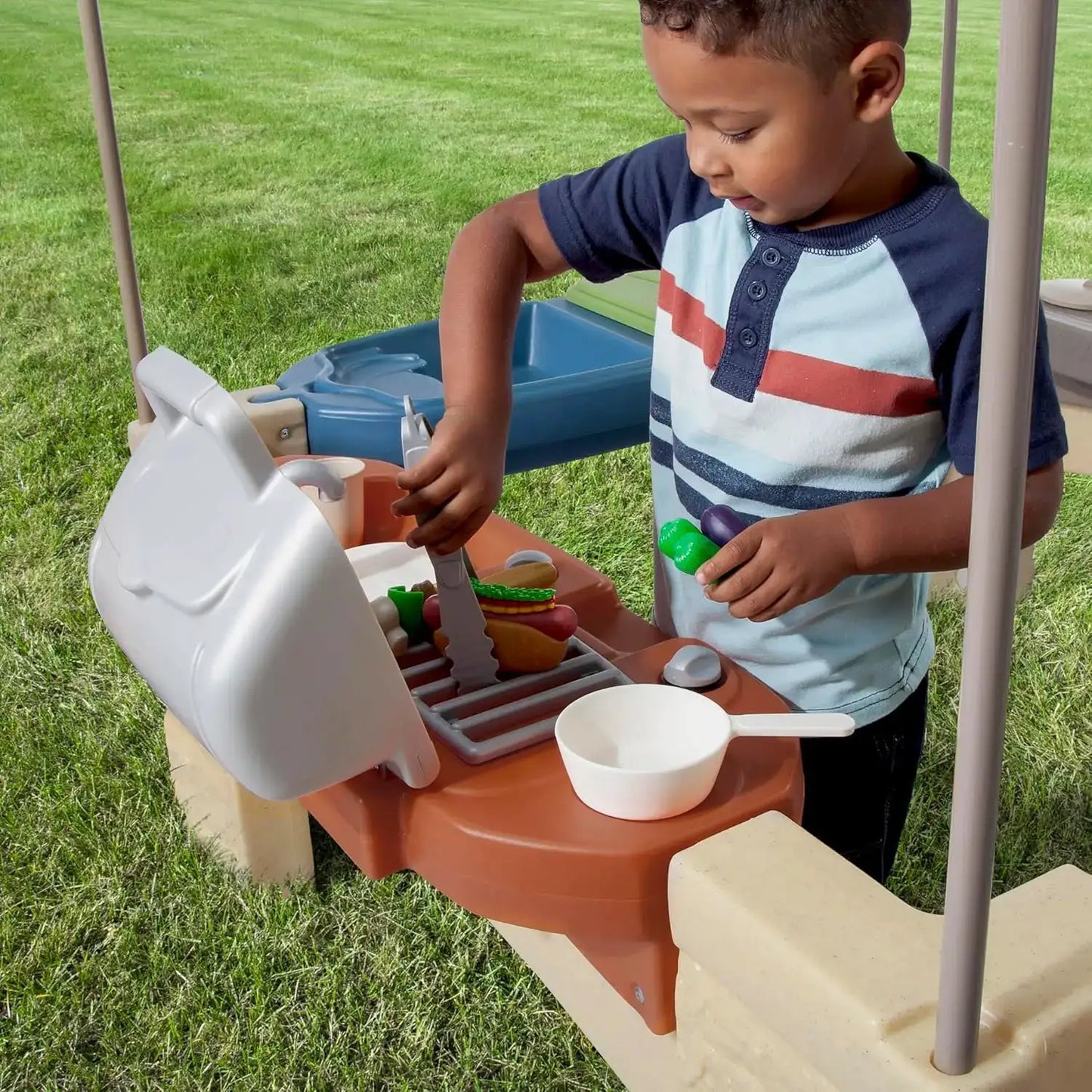 All Around Playtime Patio with Canopy, Kids Indoor/Outdoor Kitchen Playset & Sensory Playhouse, Made of Durable Plastic, Include from PriceLows™