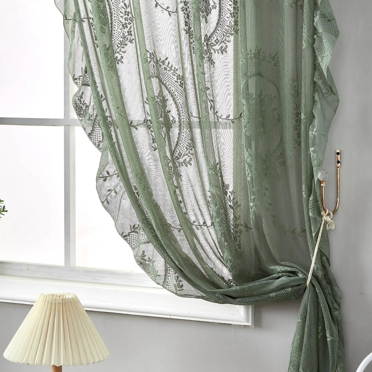 Sheer Tulle Curtains | Green Ruffled Lace | PriceLows™