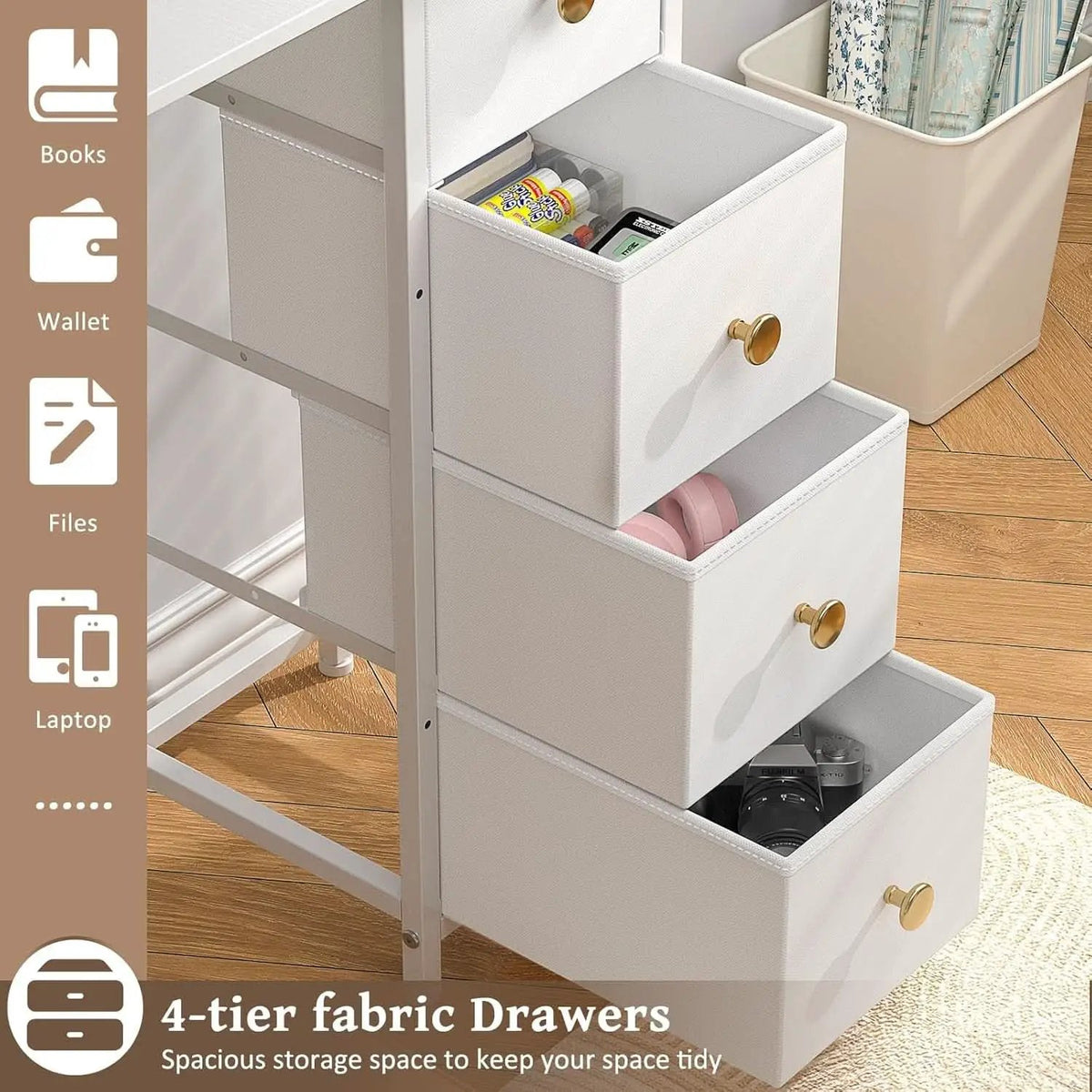 Small White Computer Desk With 4 Fabric Drawers 35 Inch from PriceLows™