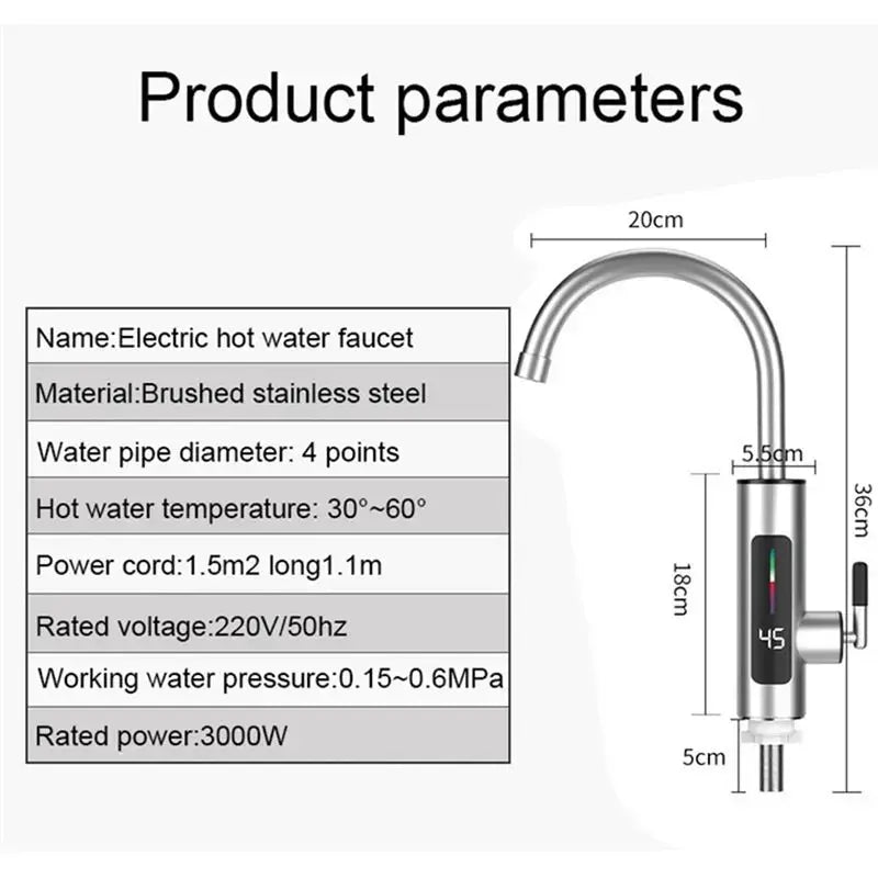 L68A 1 PCS 110V Hot Water Heater Faucet Instant Tankless Electric Silver 304 Stainless Steel With LED US Plug from PriceLows™