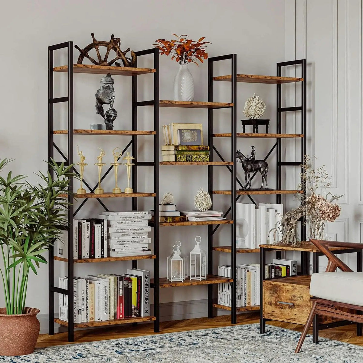Triple Wide 5 Tier Industrial Bookshelf Matte Black from PriceLows™