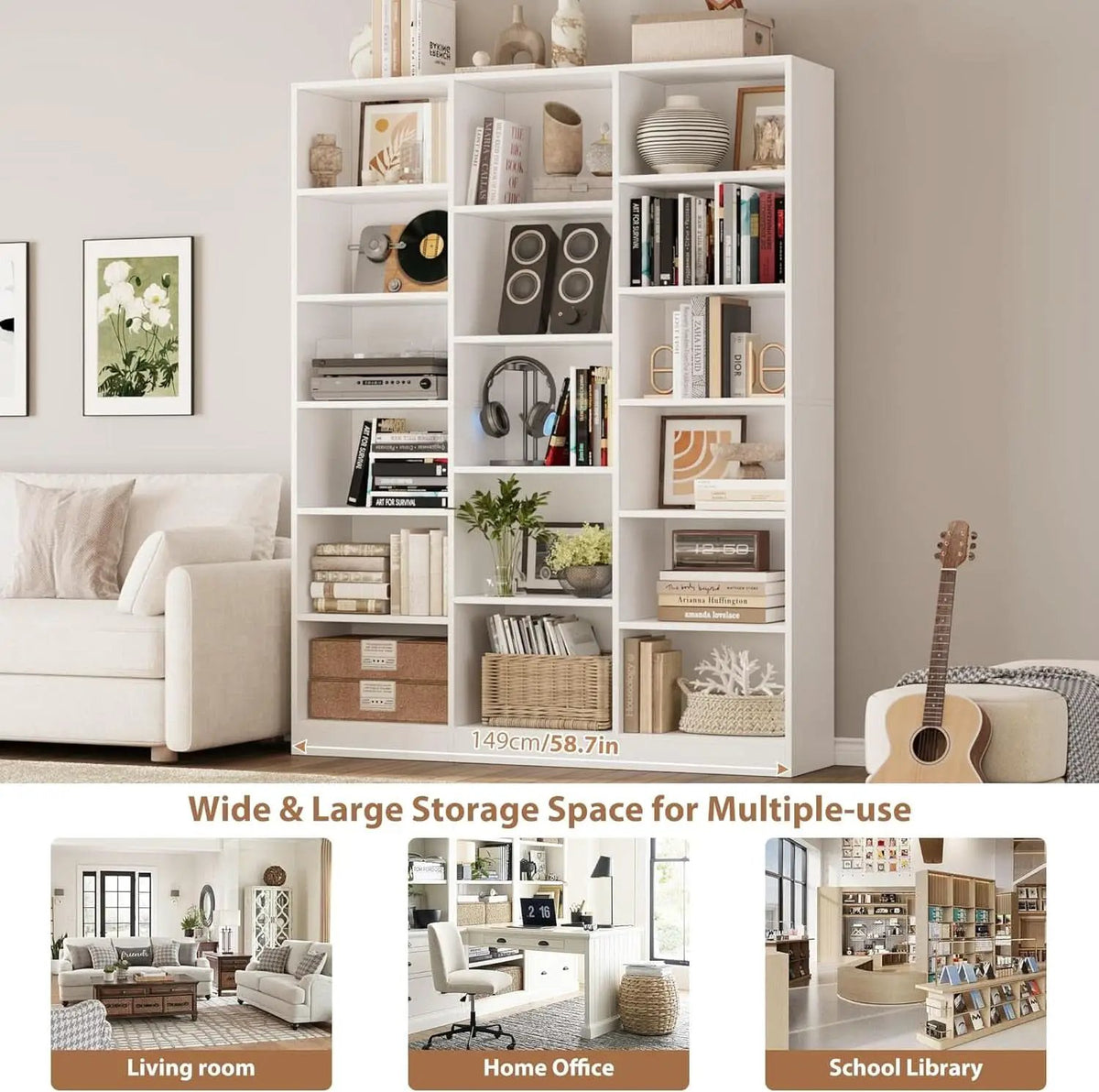 Triple Wide White Bookshelf 6 Tier 74 Inch Tall Unit from PriceLows™