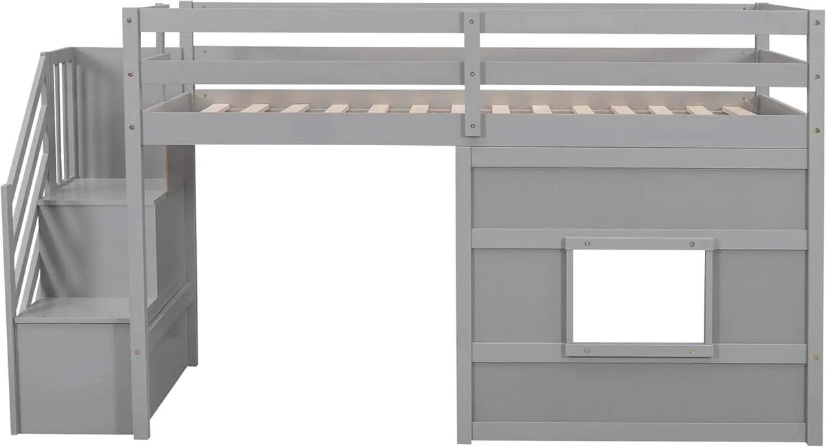 Twin Size Low Loft Bed In Gray With Stairs Storage from PriceLows™