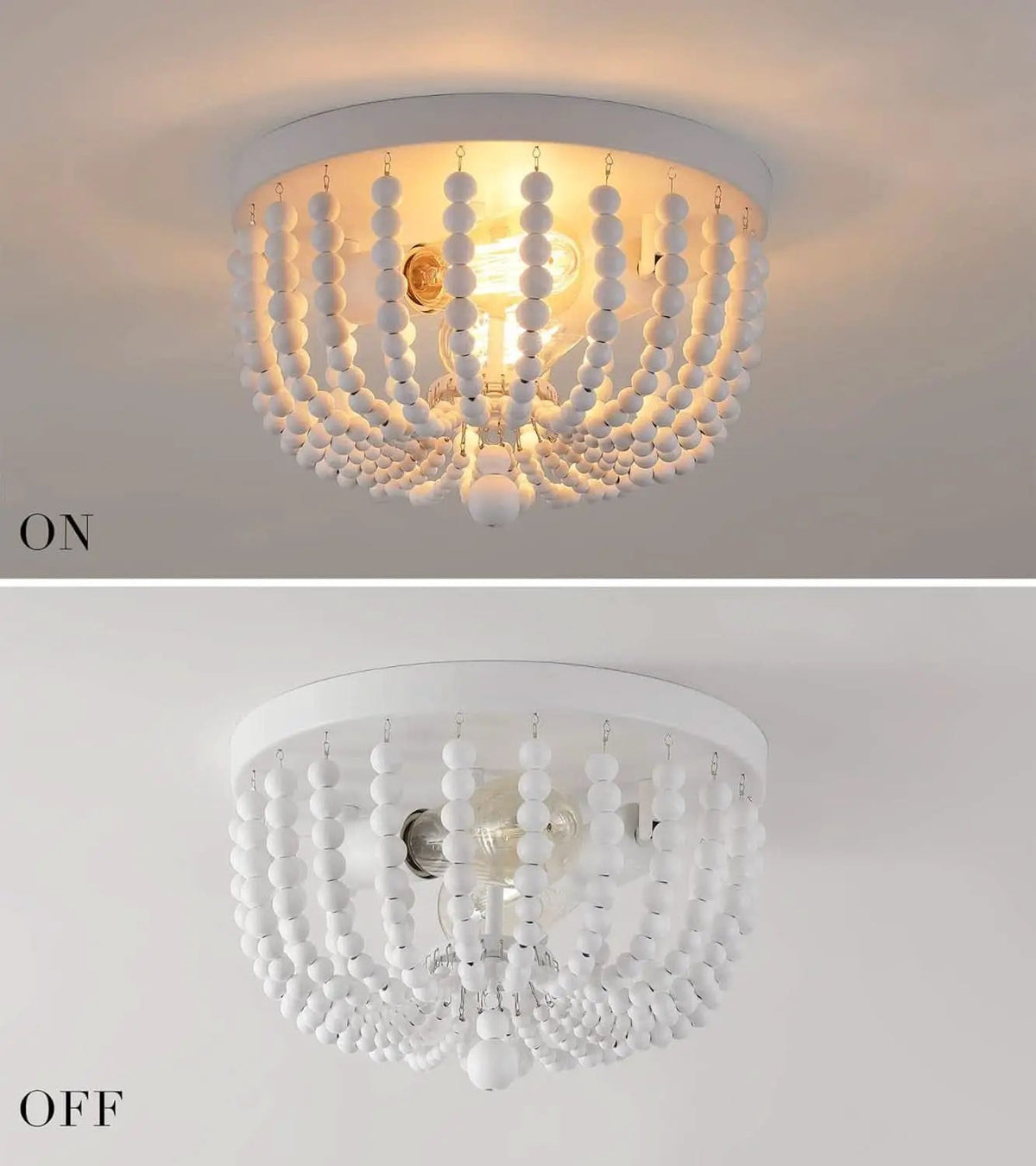 Two Light White Wood Beaded Boho Flush Mount Chandelier For Nursery And Bedroom Decor from PriceLows™
