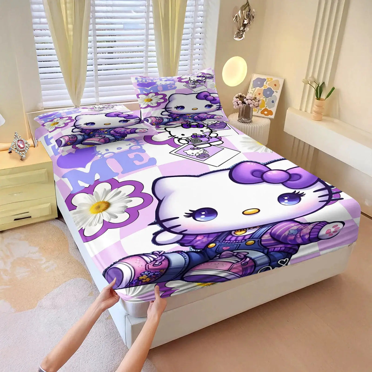3Pcs Hello Kitty Fitted Sheet Set Purple Glitter Print with Pillowcases Cute Cartoon Fitted Sheet Set for Girls Bedroom Decor from PriceLows™