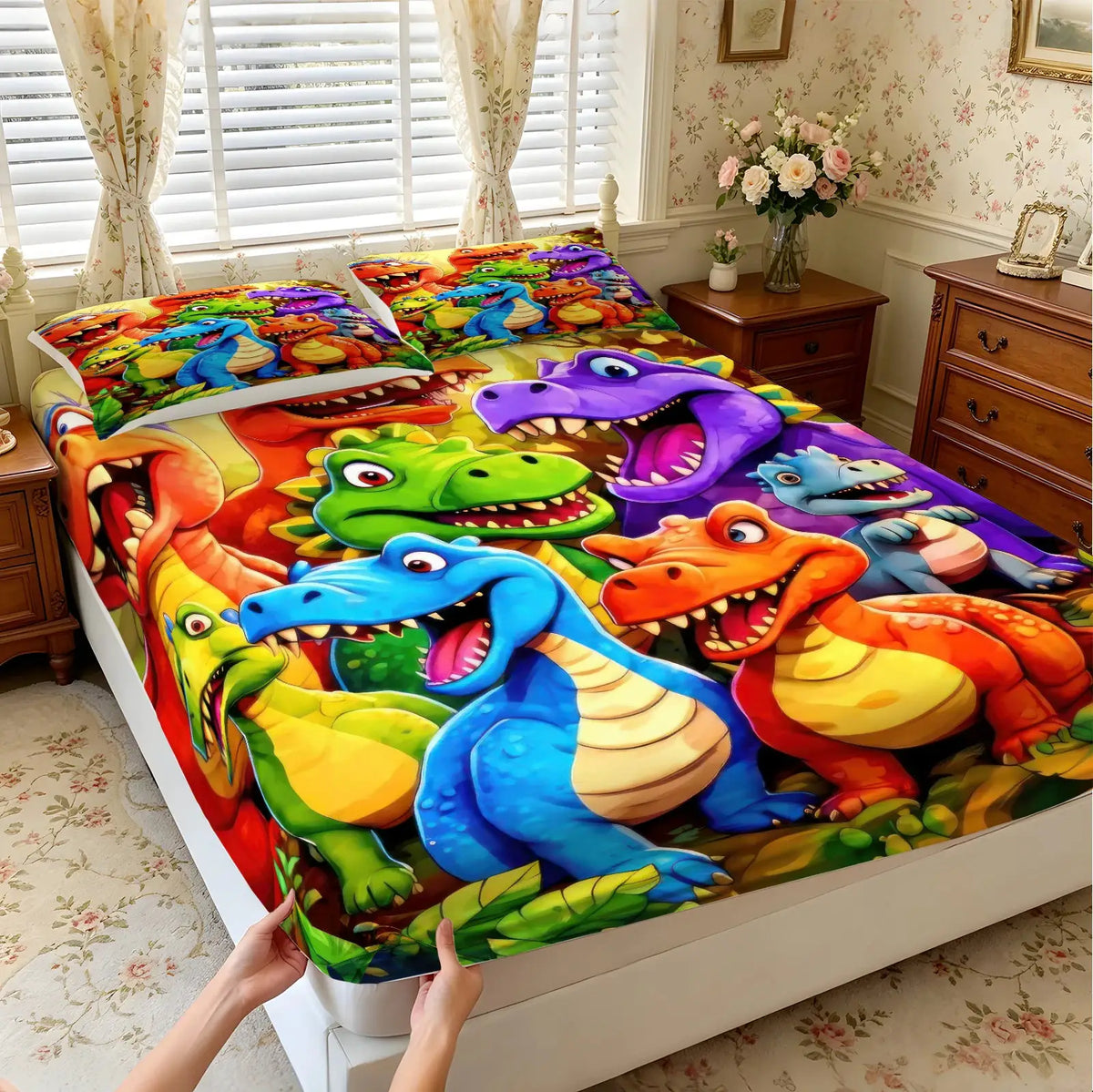 Vibrant Jungle Dinosaur Fitted Sheet Set, Skin-Friendly Fabric Bed Sheet, Deep Pocket Design for Twin/Full/Queen Size Beds from PriceLows™