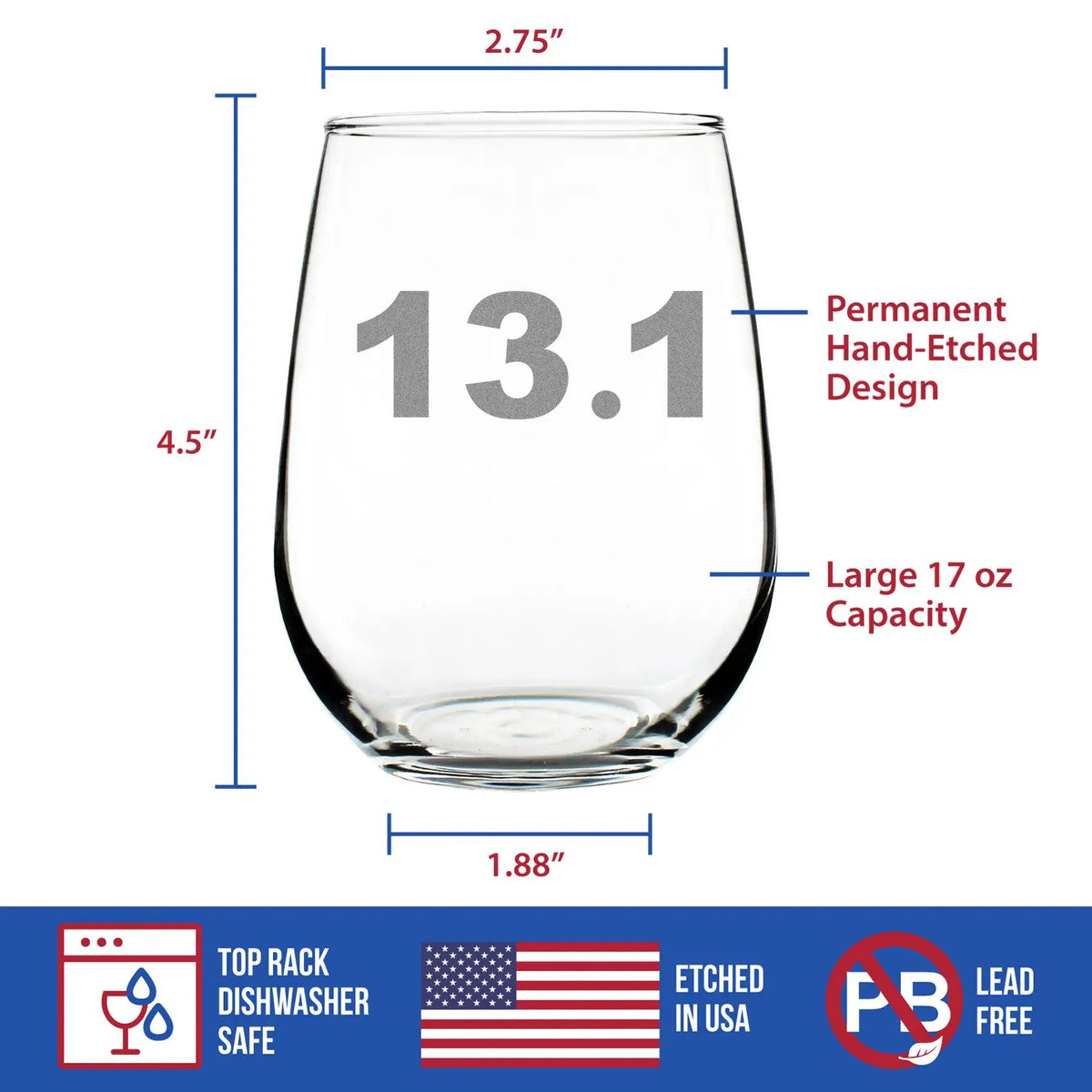 Stemless Wine Glass | 17 Oz Capacity | Hand Etched Finish | Half Marathon