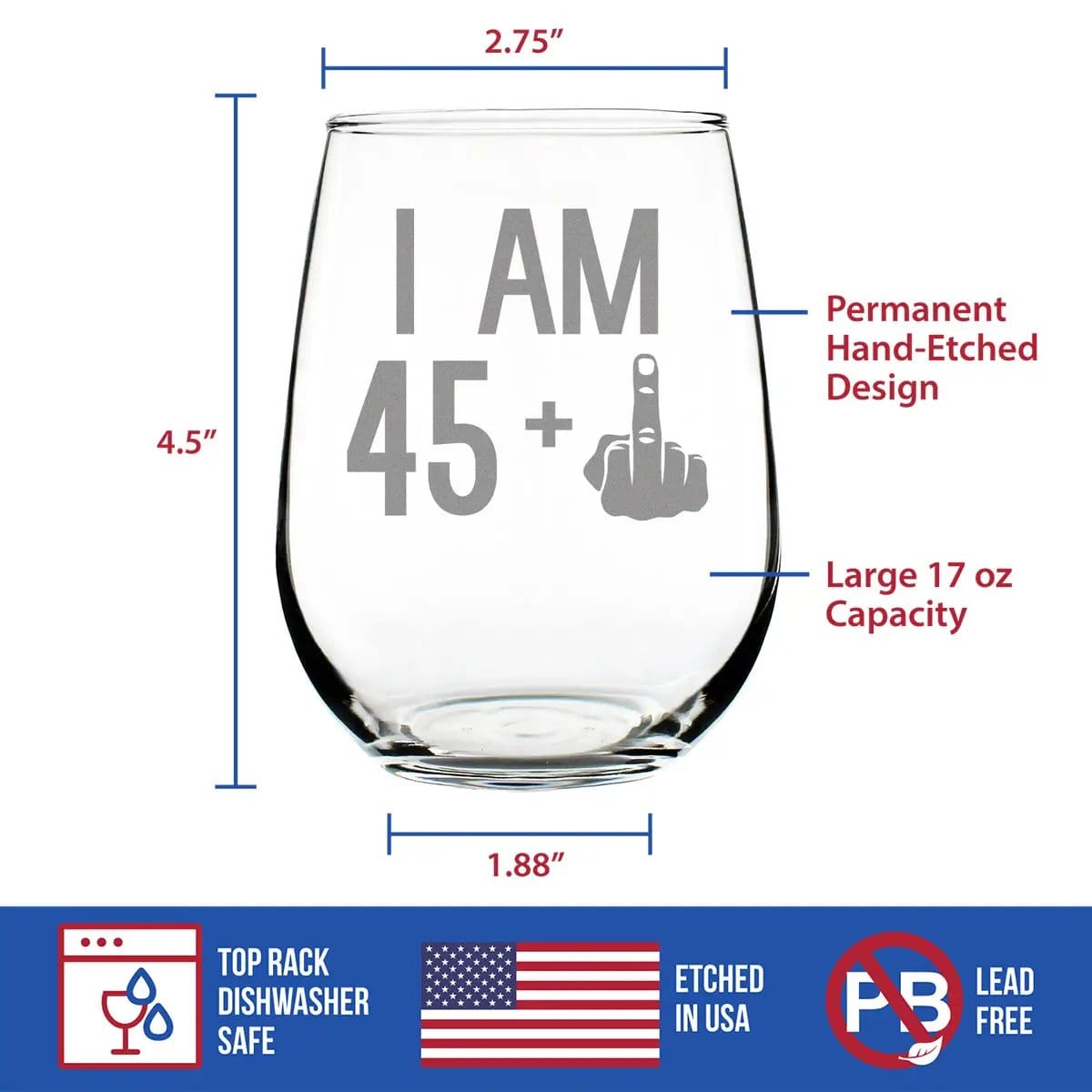 Etched Stemless Wine Glass | 17 oz | Dishwasher Safe | 45 + 1 Middle Finger - 46th Birthday