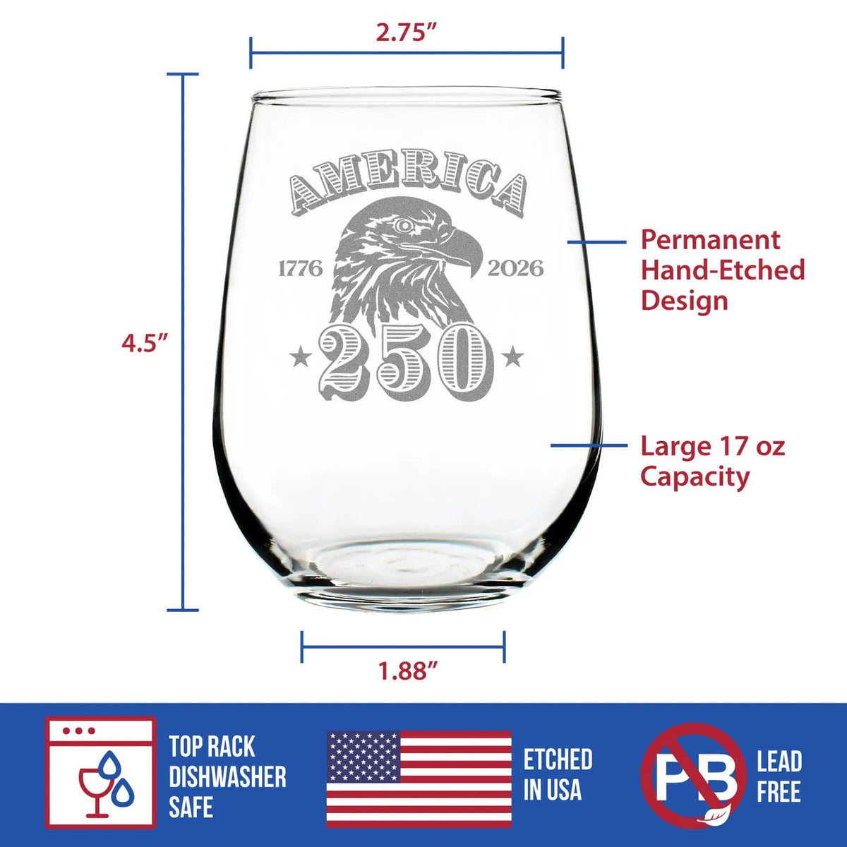 Etched Stemless Wine Glass | 17 oz | Dishwasher Safe | America's 250th Anniversary Engraved