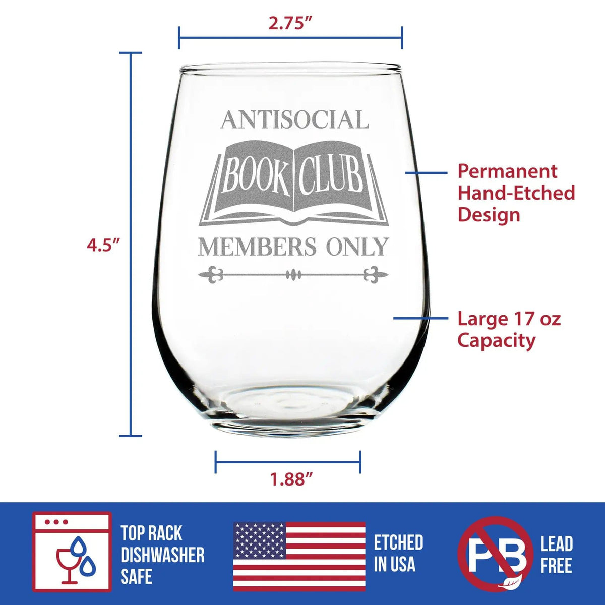 Etched Stemless Wine Glass | 17 oz | Dishwasher Safe | Antisocial Book Club Engraved