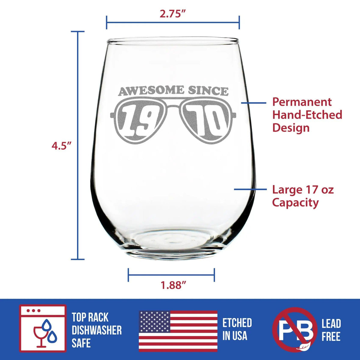 Etched Stemless Wine Glass | 17 oz | Dishwasher Safe | Awesome Since 1970 Engraved