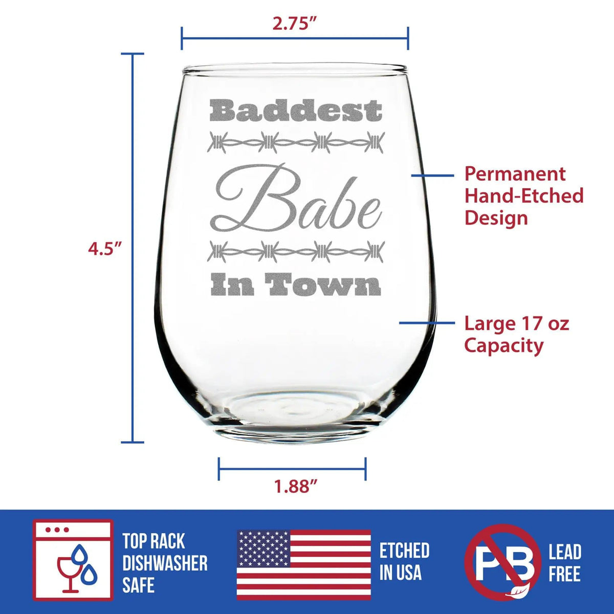 Etched Stemless Wine Glass | 17 oz | Dishwasher Safe | Baddest Babe in Town Engraved