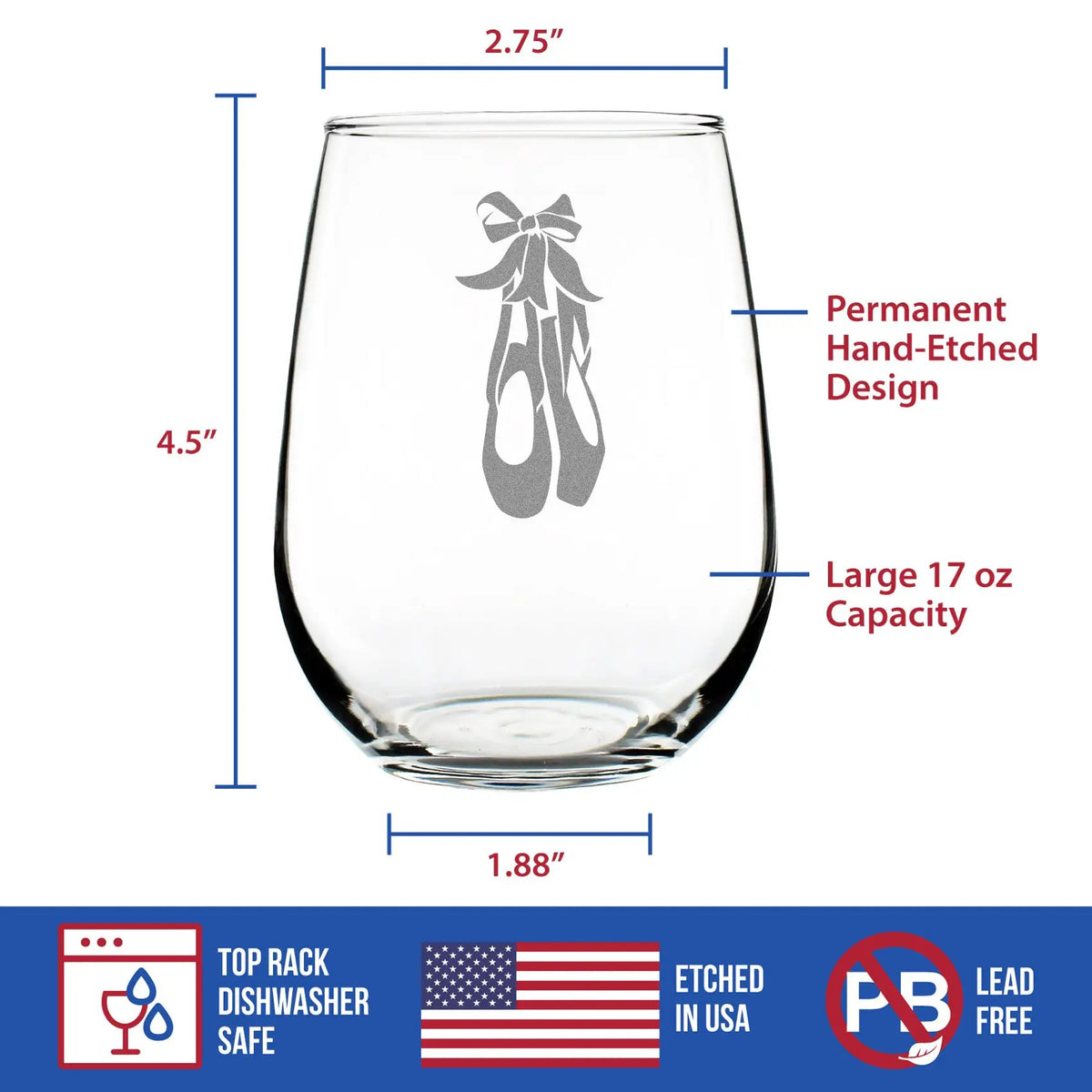 Stemless Wine Glass | 17 Ounce | Hand Etched Ballet Design