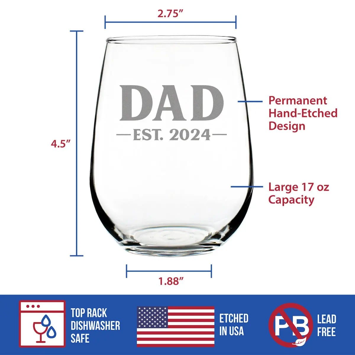 Etched Stemless Wine Glass | 17 oz | Dishwasher Safe | Dad Est 2024 - New Father (Style 2)