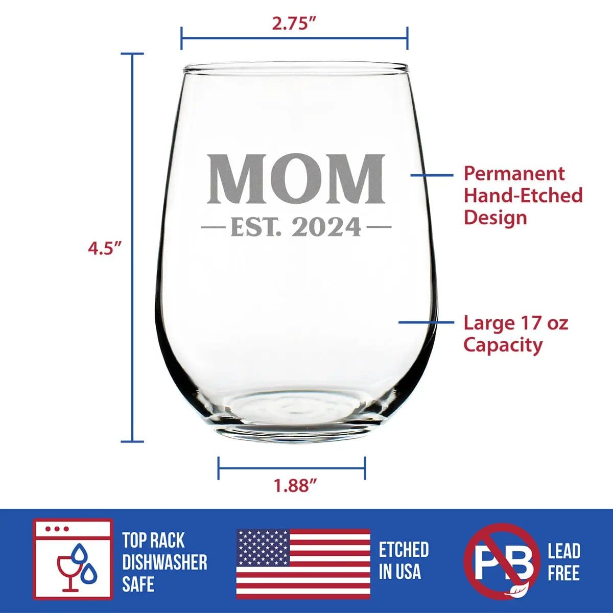 Etched Stemless Wine Glass | 17 oz | Dishwasher Safe | Mom Est 2024 - New Mother (Style 2)