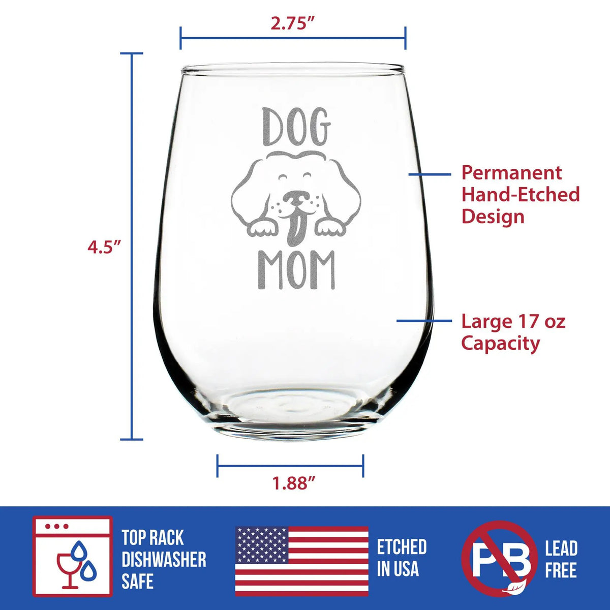 Stemless Wine Glass | 17 Ounce | Hand Etched Design | Dishwashable