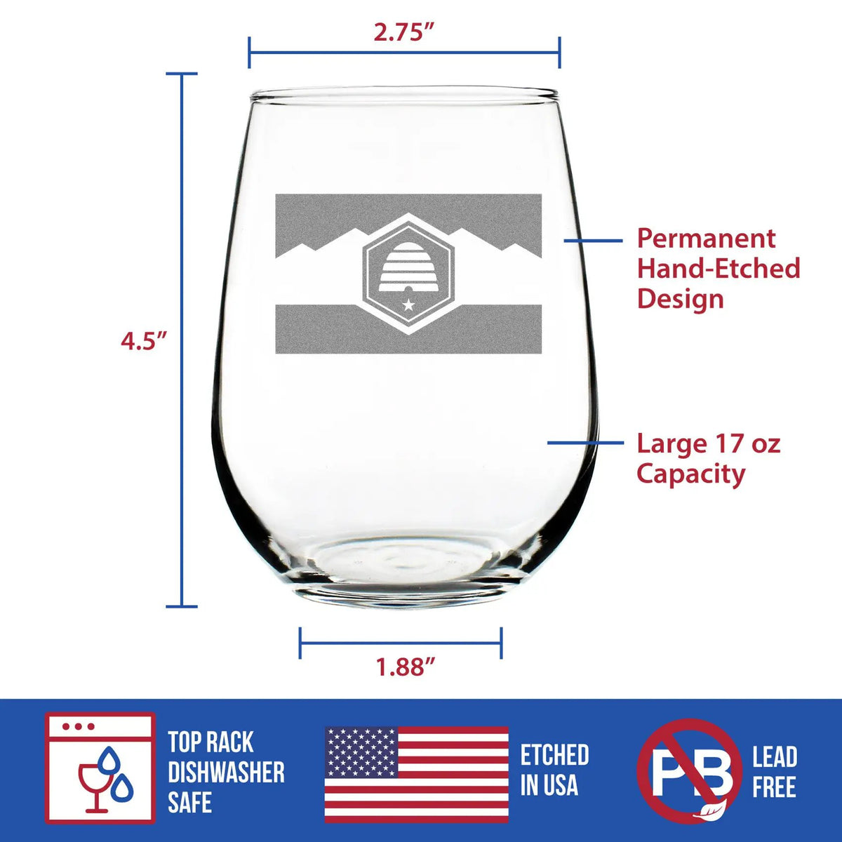 Utah Flag Stemless Wine Glass | Hand Etched | 17 Oz Capacity