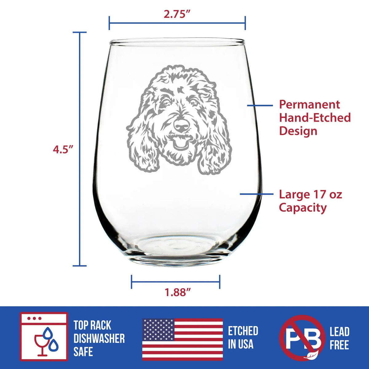 Stemless Wine Glass | Etched Goldendoodle Face | Clear Glass | 17 Oz