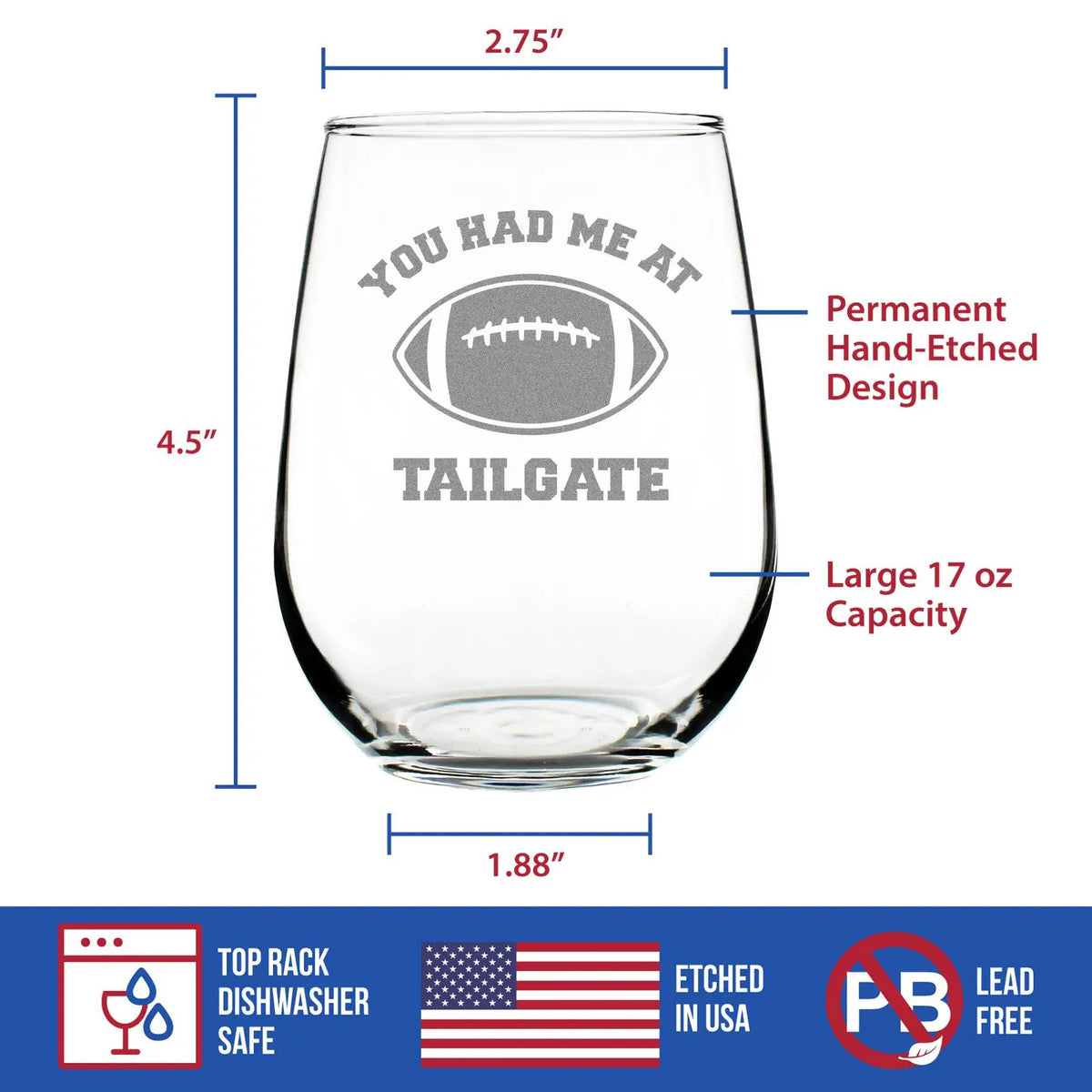 Stemless Wine Glass | 17 Oz Capacity | Hand Etched | Football Design