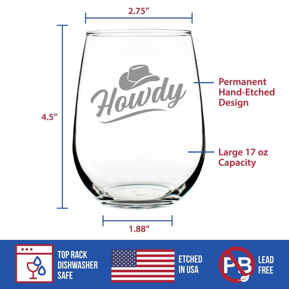 Etched Stemless Wine Glass | 17 oz | Dishwasher Safe | Howdy Engraved