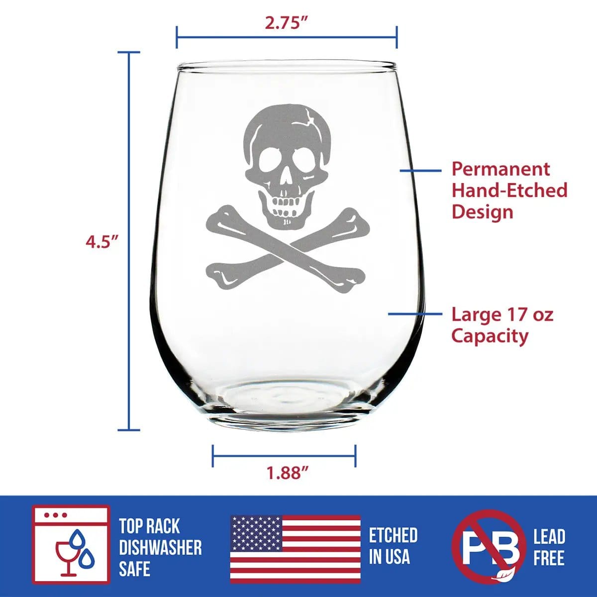 Etched Stemless Wine Glass | 17 oz | Dishwasher Safe | Skull and Crossbones