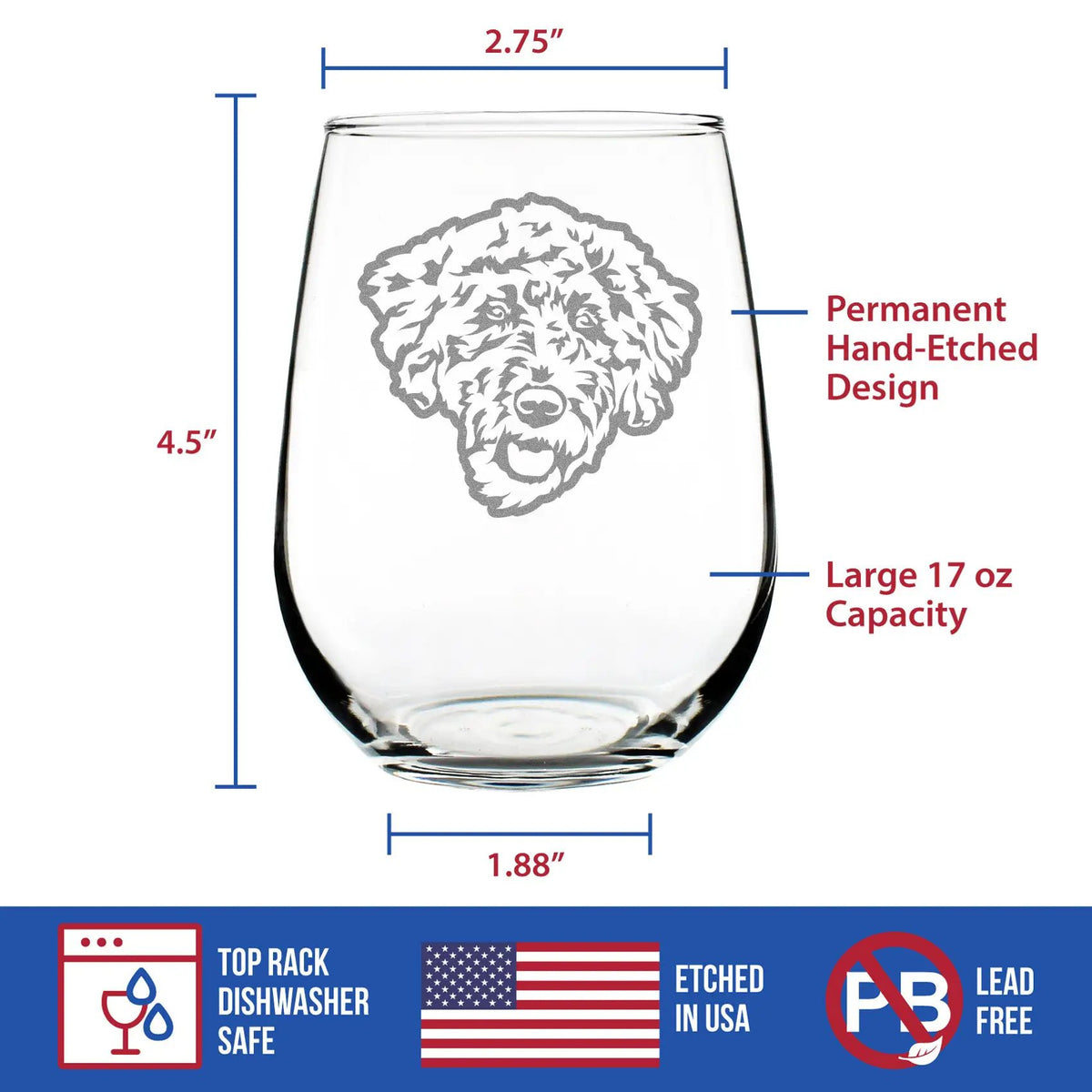 Stemless Wine Glass | Labradoodle Hand Etched Design | 17 Oz | Large