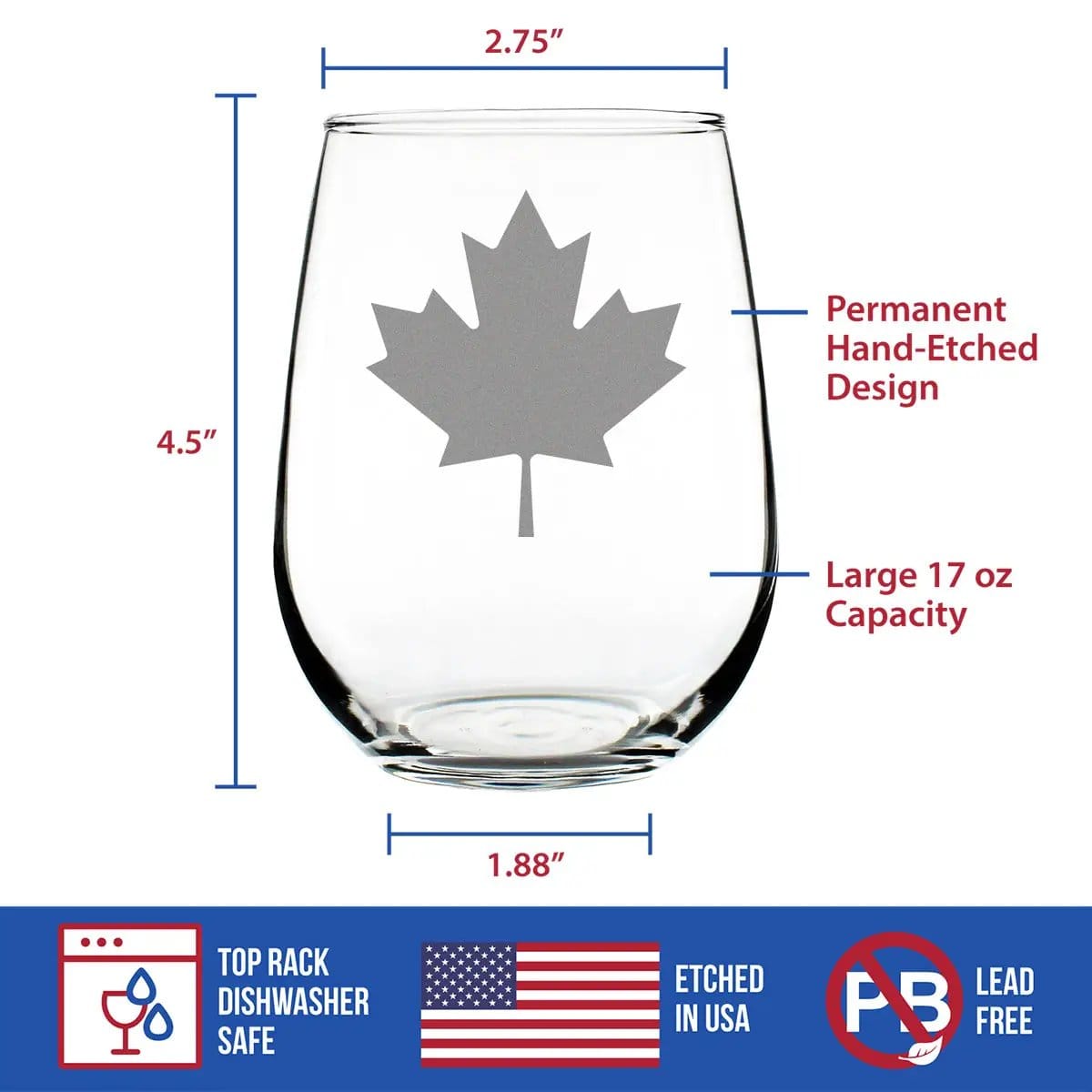 Etched Stemless Wine Glass | 17 oz | Dishwasher Safe | Canada Maple Leaf