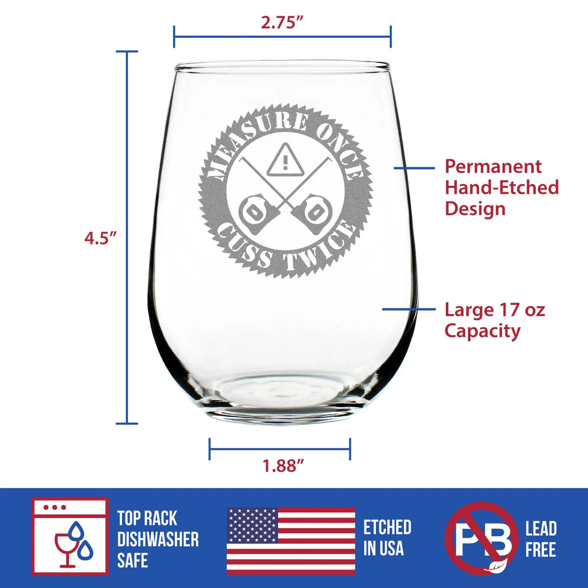 Stemless Wine Glass | Measure Once Cuss Twice Etched | Large 17 Ounce