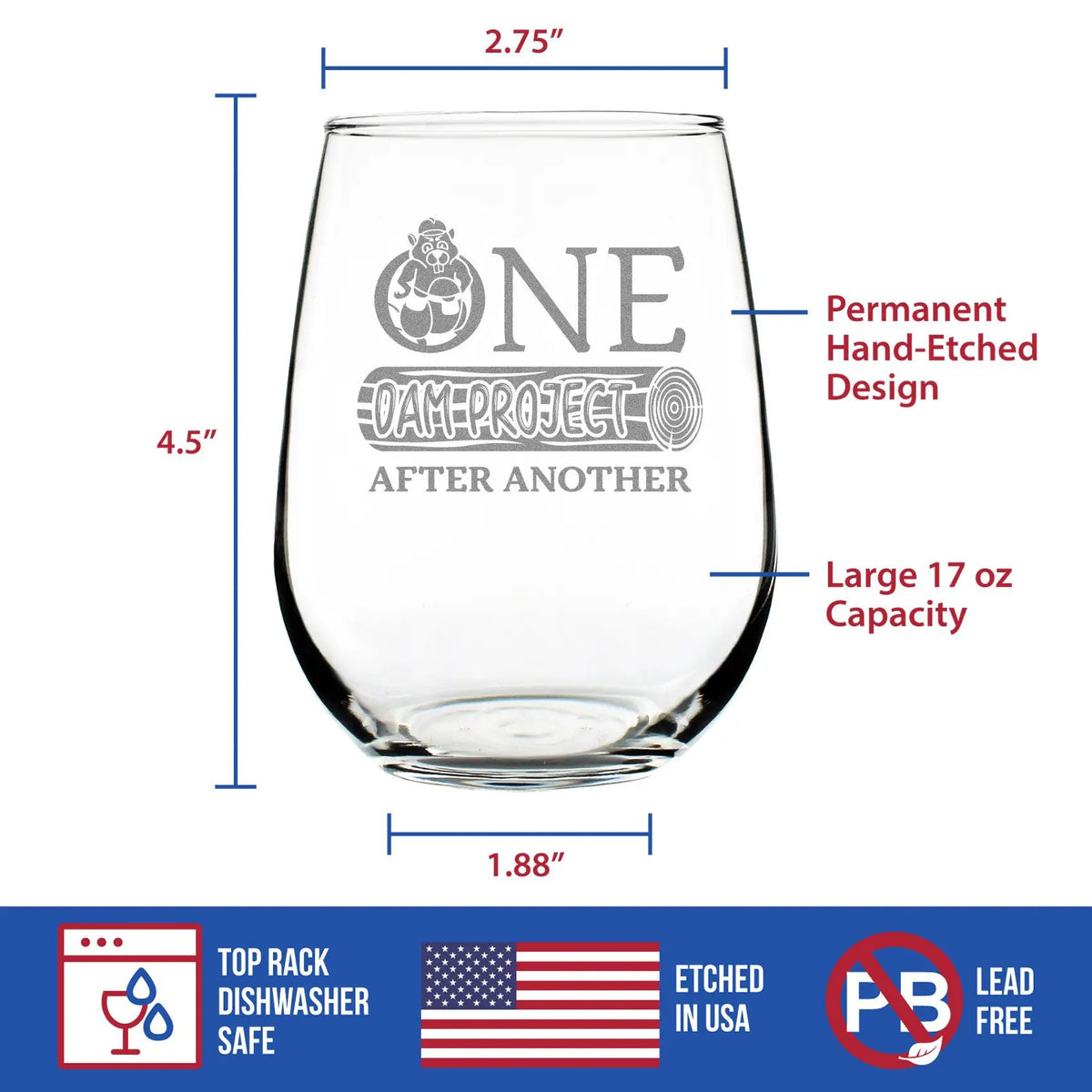 Stemless Wine Glass | 17 Ounce Capacity | Hand Etched Construction Design