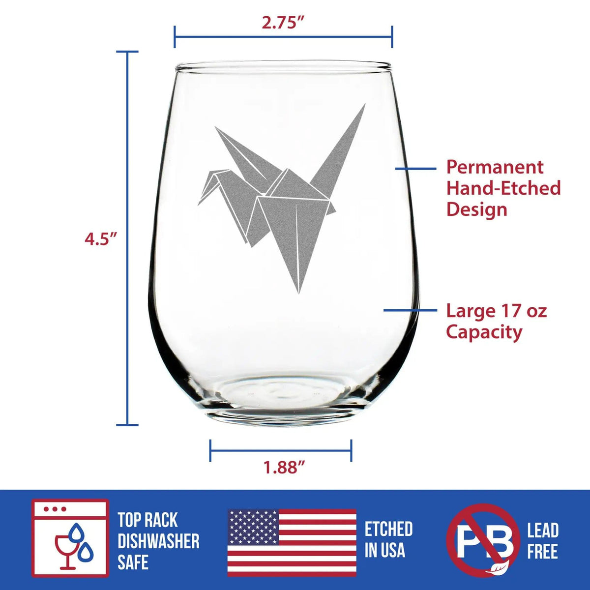 Etched Stemless Wine Glass | 17 oz | Dishwasher Safe | Paper Crane Engraved